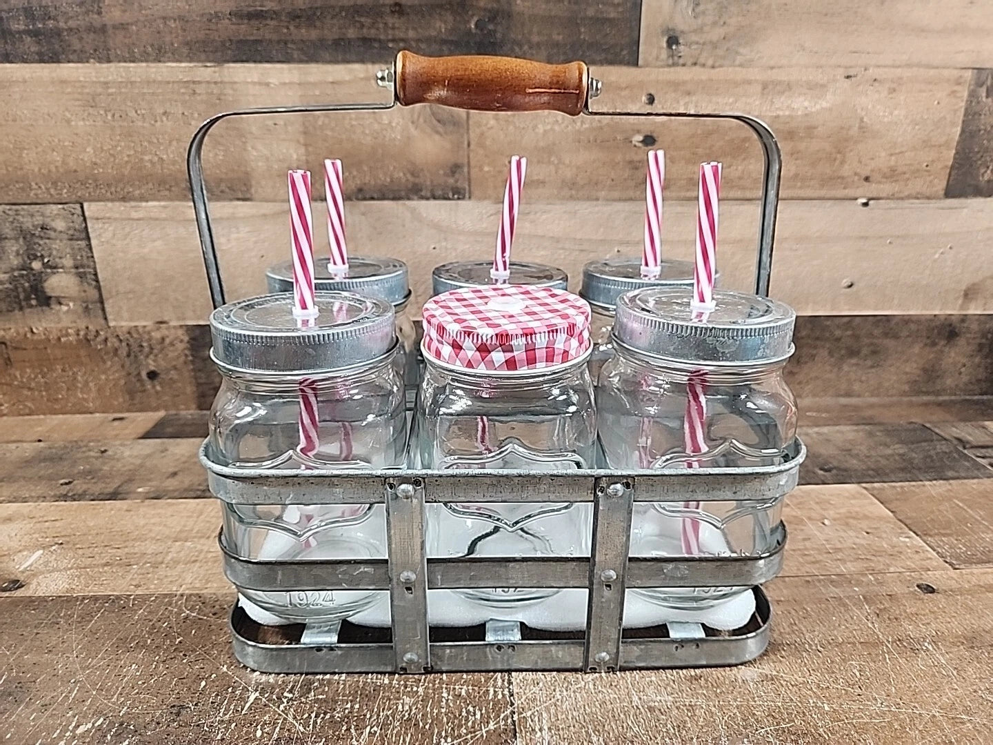 1924 Better Homes & Gardens 6 Ball Mason Jars, Lids, Straws, Galvanized Caddy | eBay