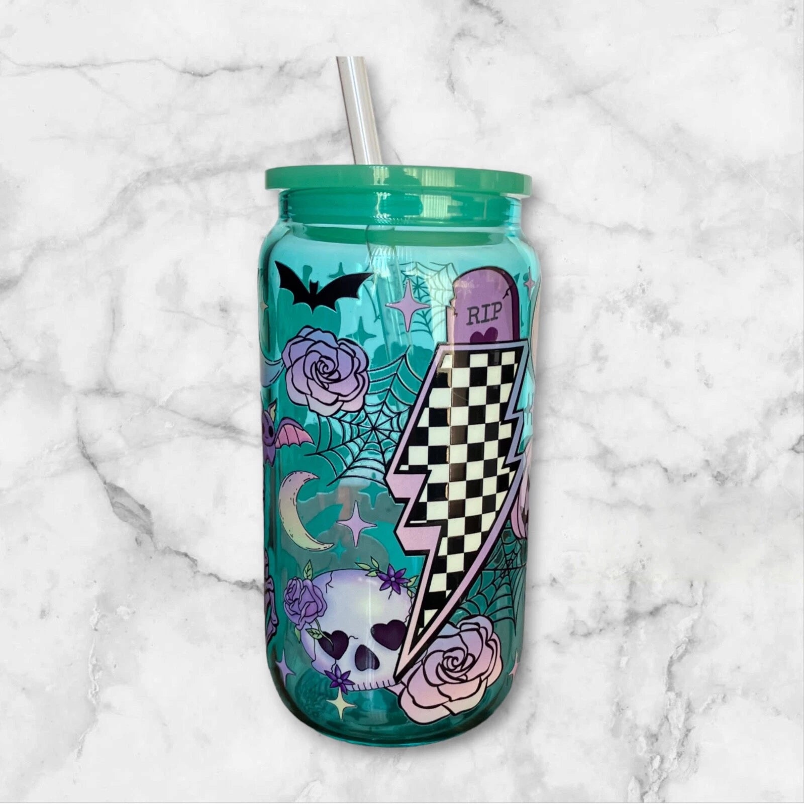 Pastel Halloween 16oz Green Glass Can Iced Coffee Smoothie Beer Cup, Plastic Lid | eBay