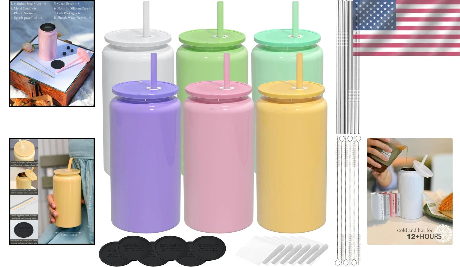 Customizable 6 Pack 16oz Stainless Steel Cups with Lids & Straws - Perfect fo... | eBay