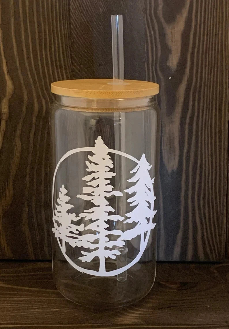 HMD Pine Tree Forest 16 oz Glass Can Tumbler with Bamboo Lid and Straw. | eBay