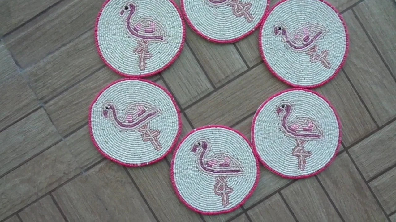 Set of 6 coasters, drink coasters Flamingo hand beaded white coasters gift pack | eBay