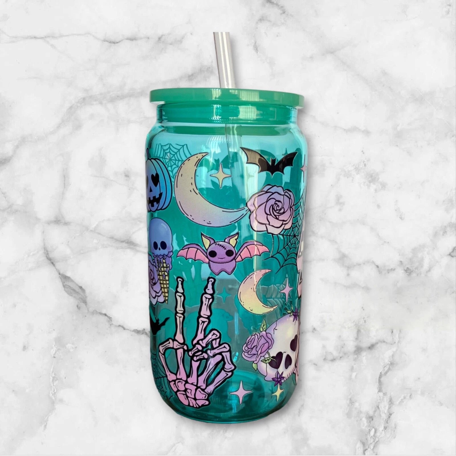 Pastel Halloween 16oz Green Glass Can Iced Coffee Smoothie Beer Cup, Plastic Lid | eBay