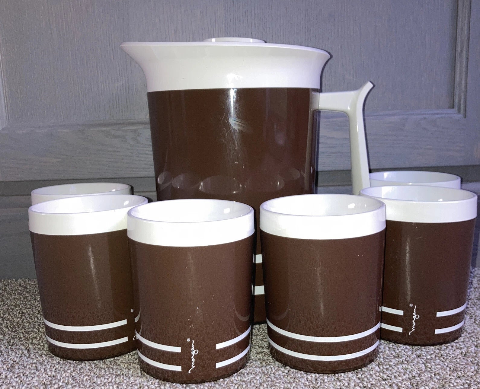 VTG Morgan & Company USA Plastic Insulated Pitcher & (6) Tumblers Brown & White | eBay