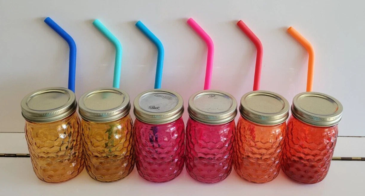 6 GLASS MASON JARS WITH STRAWS AND LIDS AMBER PINK AND ORANGE 5 INCHES 14 OZS | eBay