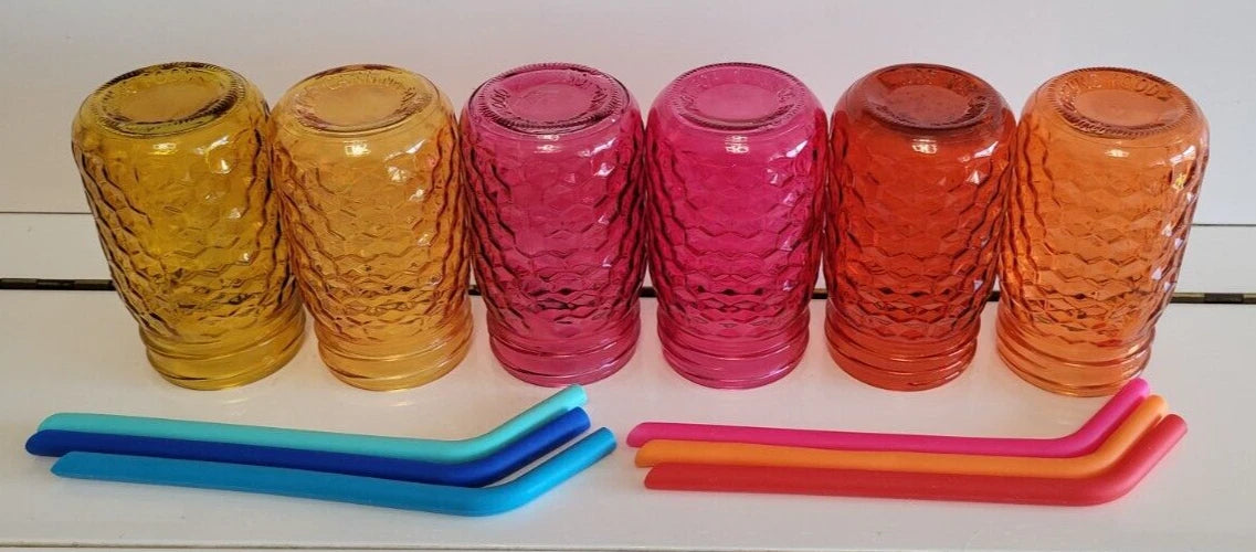 6 GLASS MASON JARS WITH STRAWS AND LIDS AMBER PINK AND ORANGE 5 INCHES 14 OZS | eBay