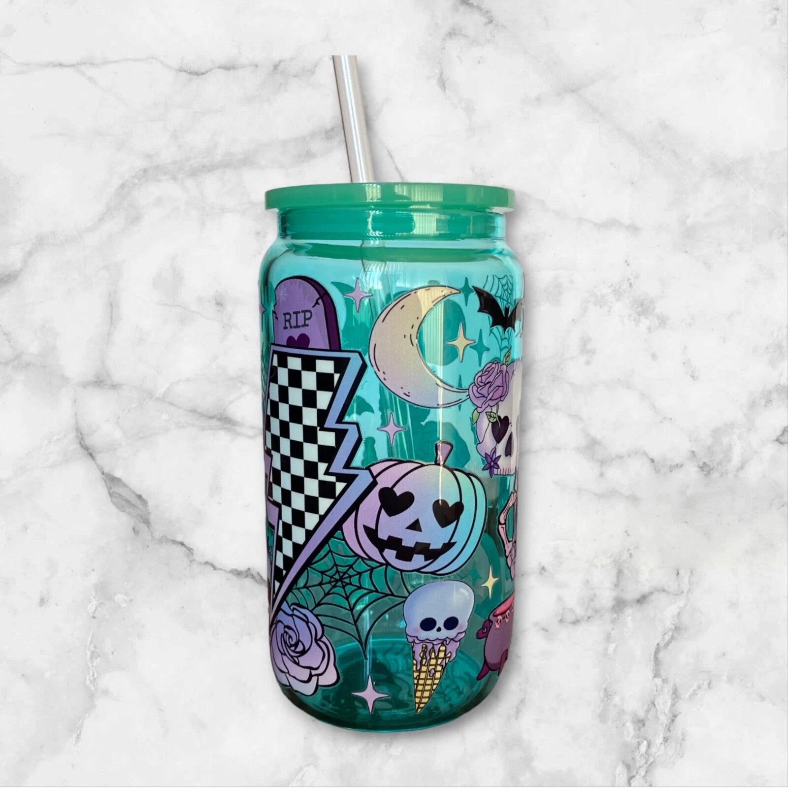 Pastel Halloween 16oz Green Glass Can Iced Coffee Smoothie Beer Cup, Plastic Lid | eBay