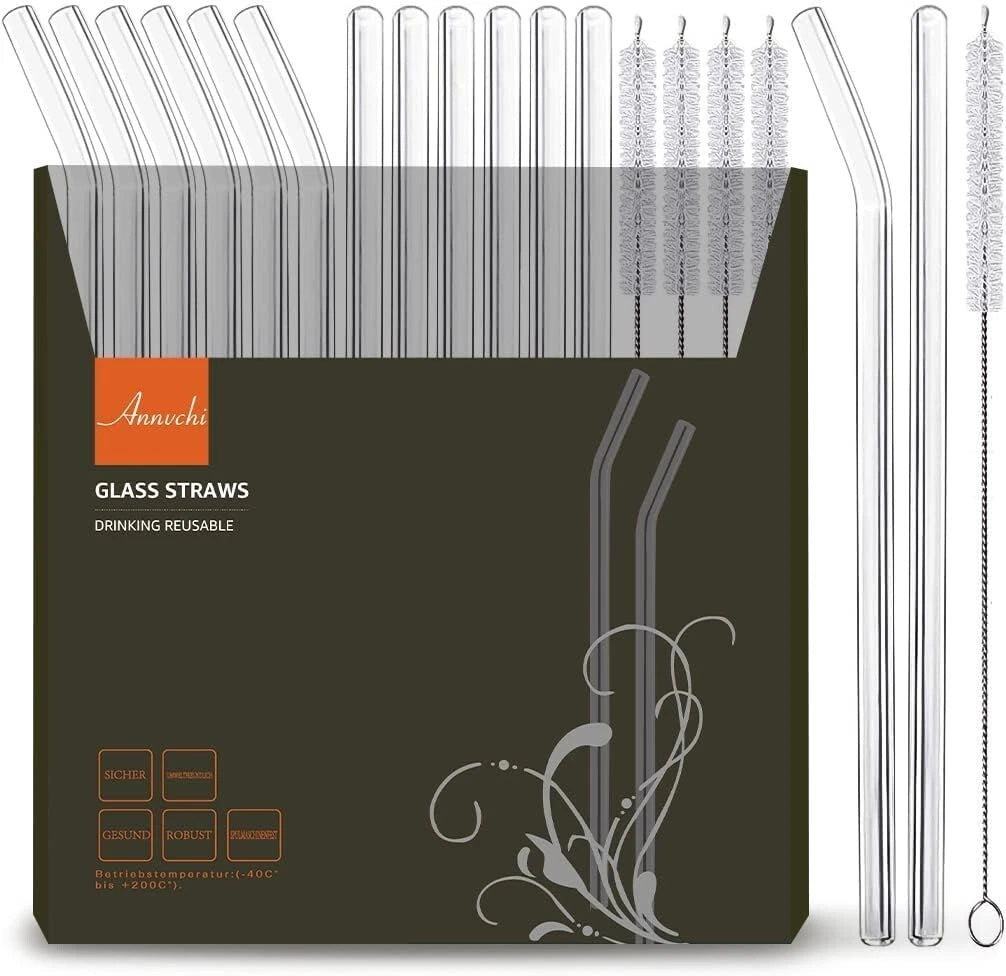Set of 12 Reusable Glass Straws with Cleaning Brushes - Eco-Friendly Choice | eBay