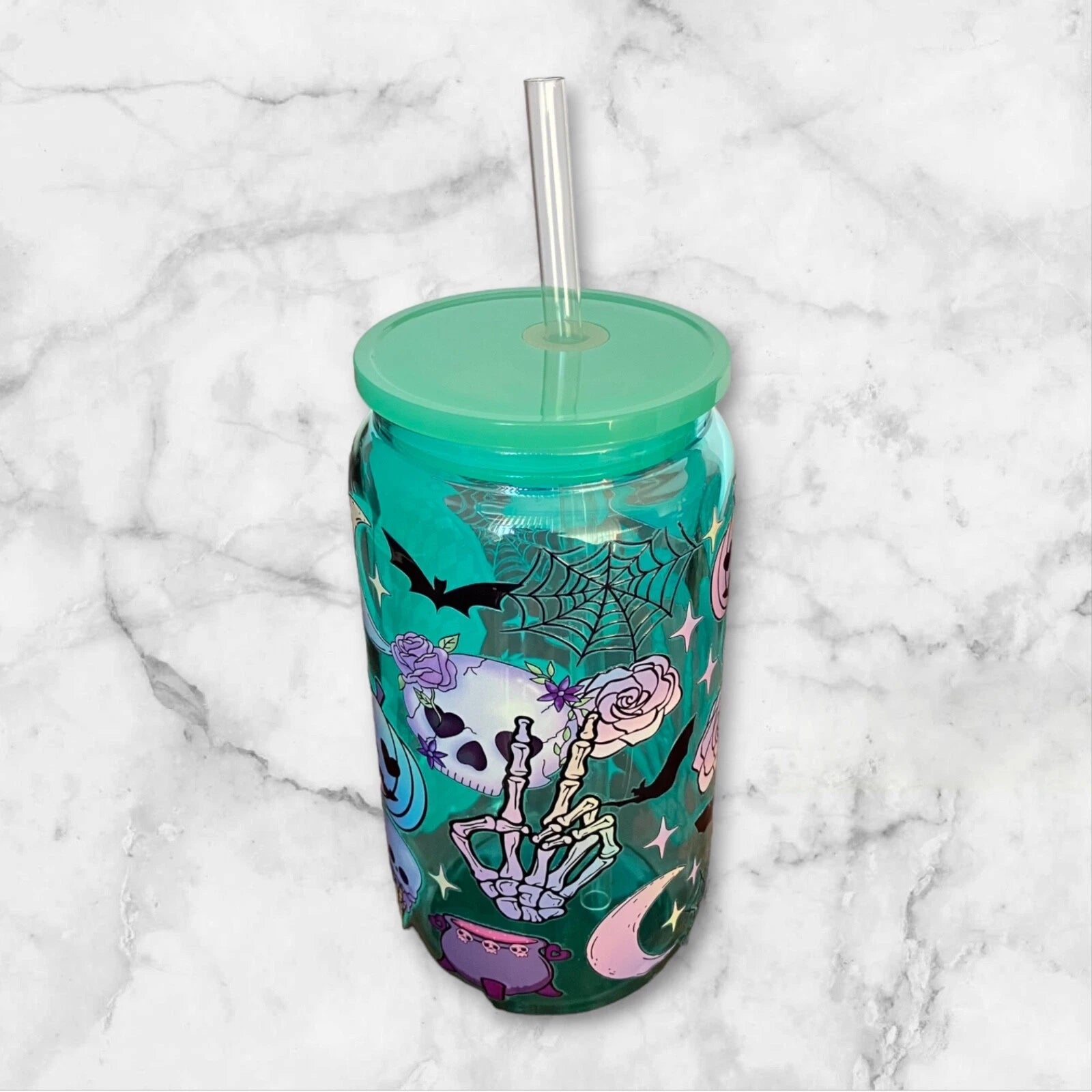 Pastel Halloween 16oz Green Glass Can Iced Coffee Smoothie Beer Cup, Plastic Lid | eBay