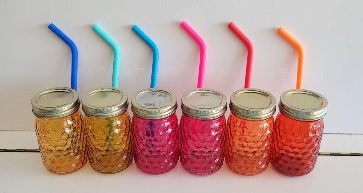 6 GLASS MASON JARS WITH STRAWS AND LIDS AMBER PINK AND ORANGE 5 INCHES 14 OZS | eBay