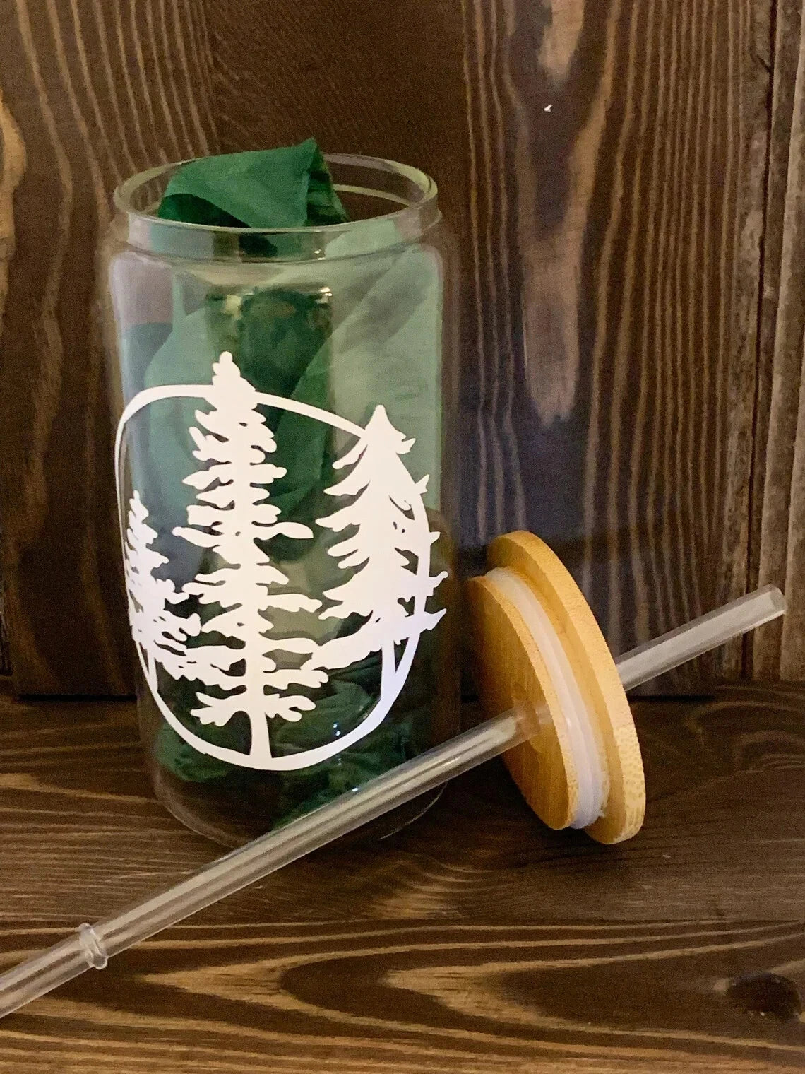 HMD Pine Tree Forest 16 oz Glass Can Tumbler with Bamboo Lid and Straw. | eBay