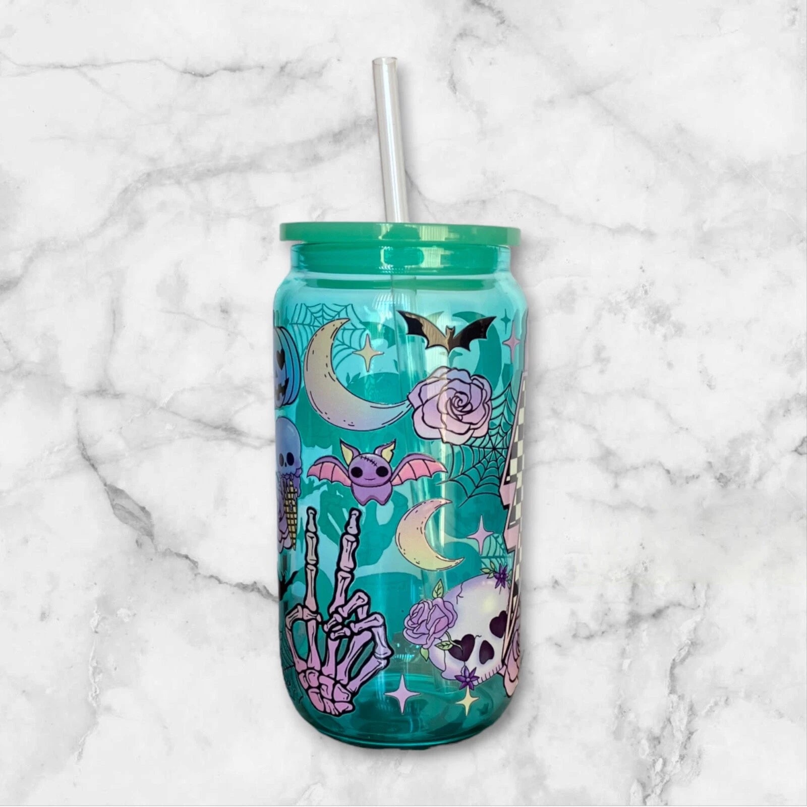 Pastel Halloween 16oz Green Glass Can Iced Coffee Smoothie Beer Cup, Plastic Lid | eBay