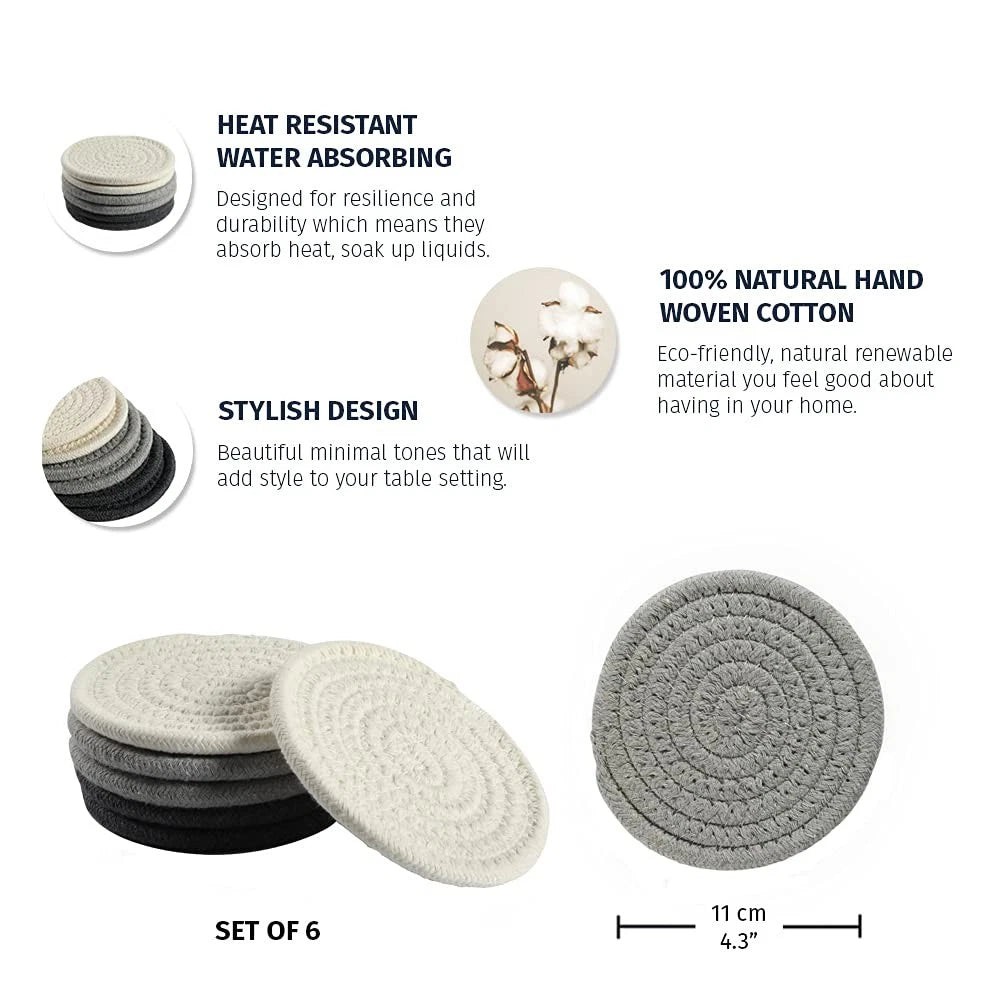Set of 6 Gray Woven Coasters for Wooden Table 4.3"Cup for Drinks Absorbent Cute | eBay