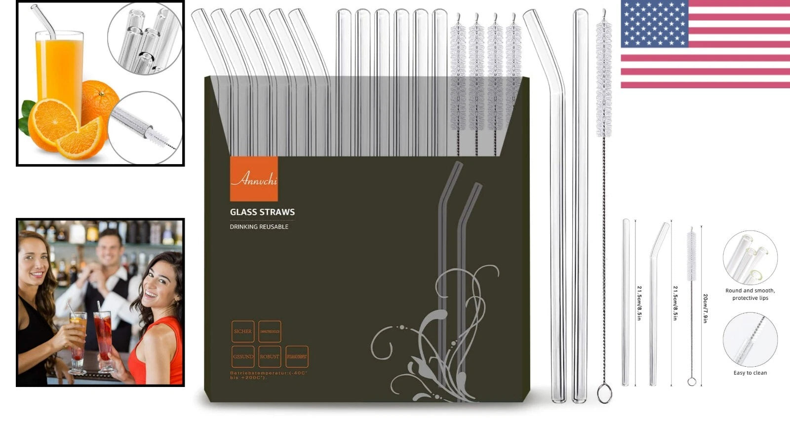 Set of 12 Reusable Glass Straws with Cleaning Brushes - Eco-Friendly Choice | eBay