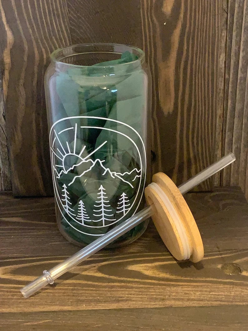 HMD Mountain Scene 16 oz Glass Can Tumbler with Bamboo Lid and Straw. | eBay