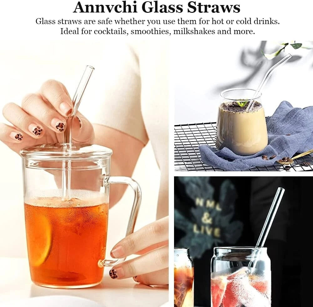 Set of 12 Reusable Glass Straws with Cleaning Brushes - Eco-Friendly Choice | eBay