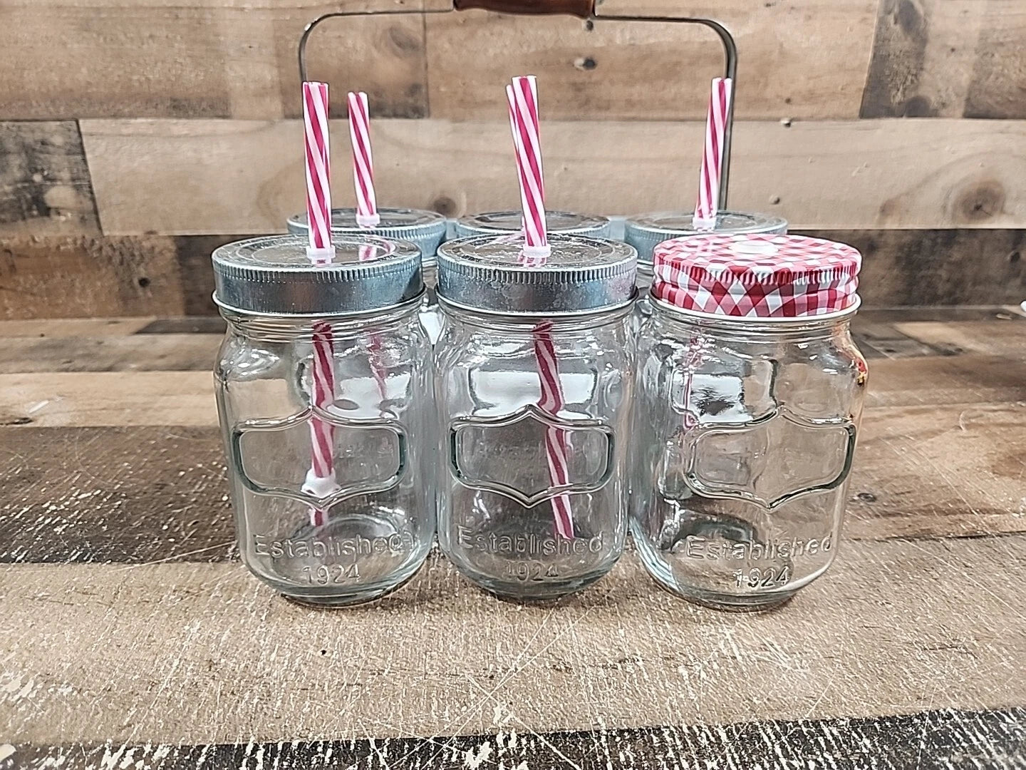 1924 Better Homes & Gardens 6 Ball Mason Jars, Lids, Straws, Galvanized Caddy | eBay