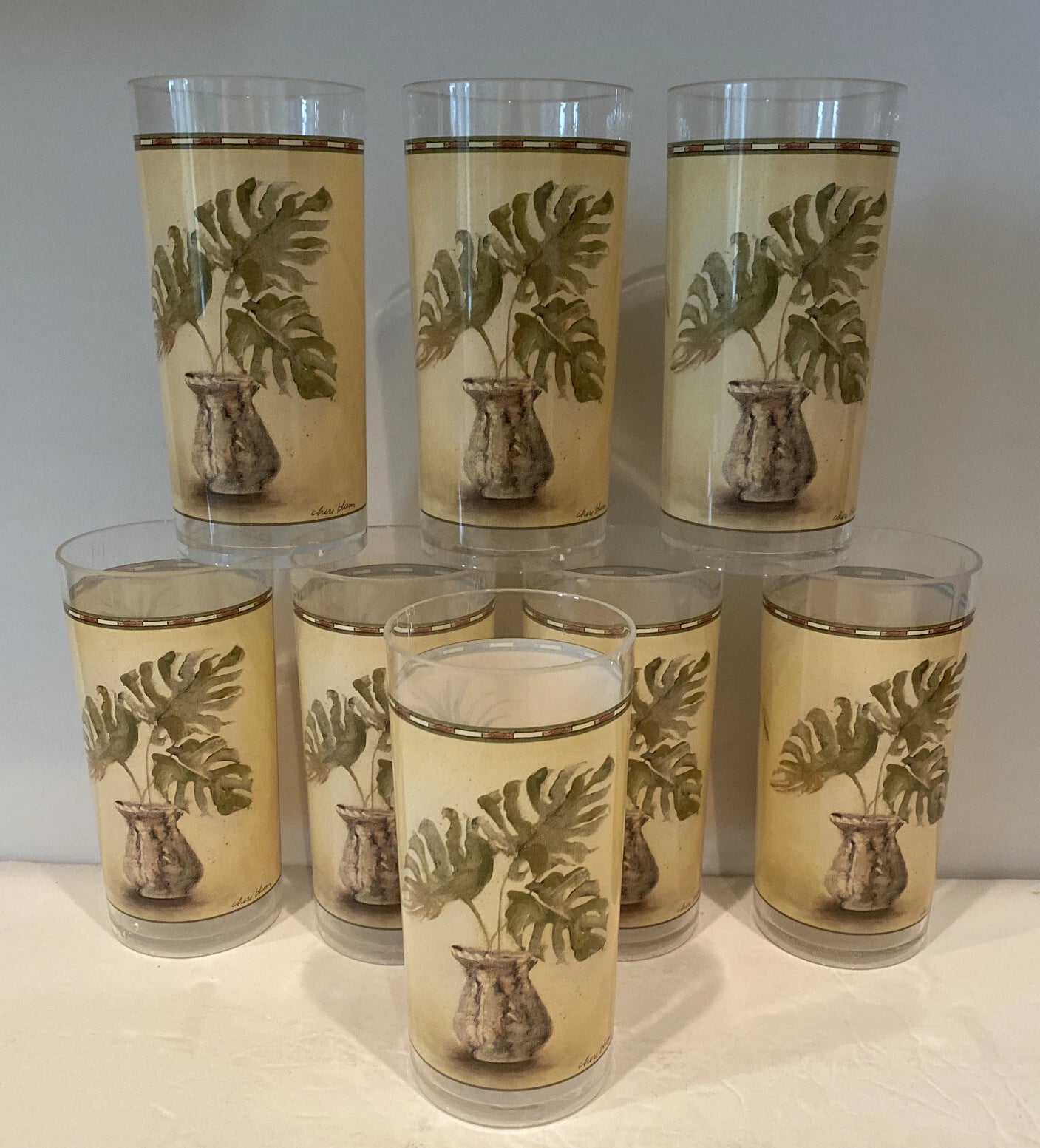 Evolution Sakura Tropical Palm Tree Melamine Plastic Glasses Chiri Blum Set of 8 | eBay