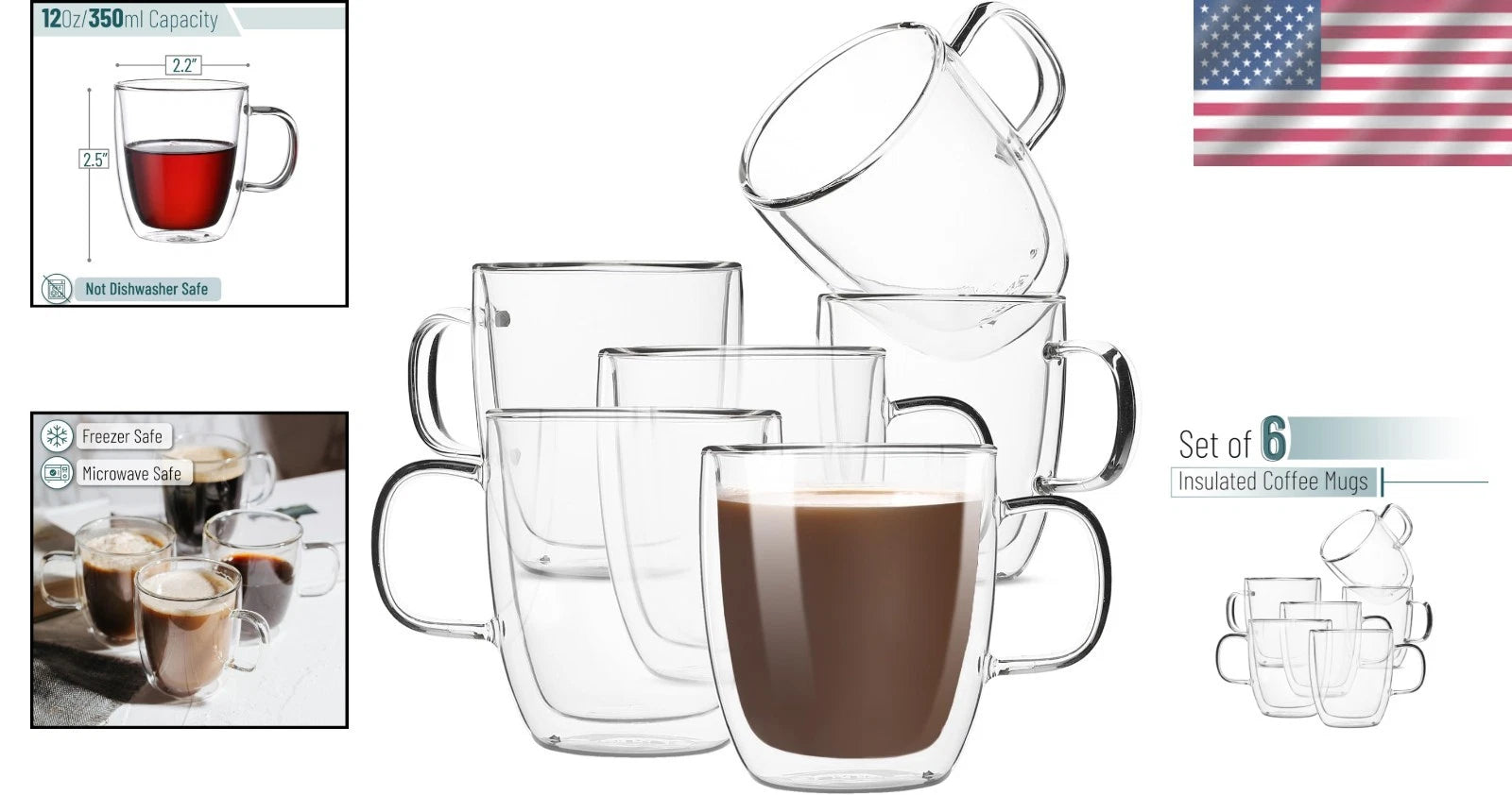 Ergonomic Double Wall Coffee Mugs - 12 oz Insulated Glass Set for Entertaining | eBay