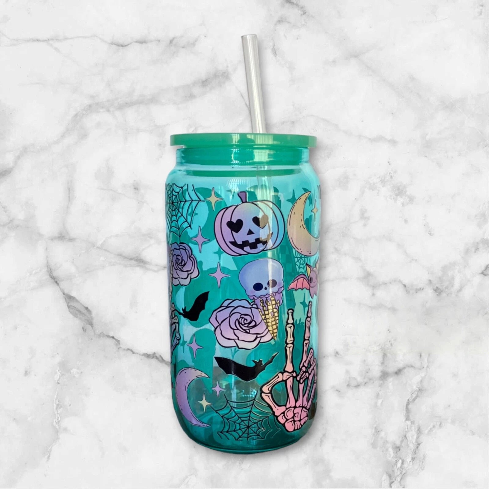 Pastel Halloween 16oz Green Glass Can Iced Coffee Smoothie Beer Cup, Plastic Lid | eBay