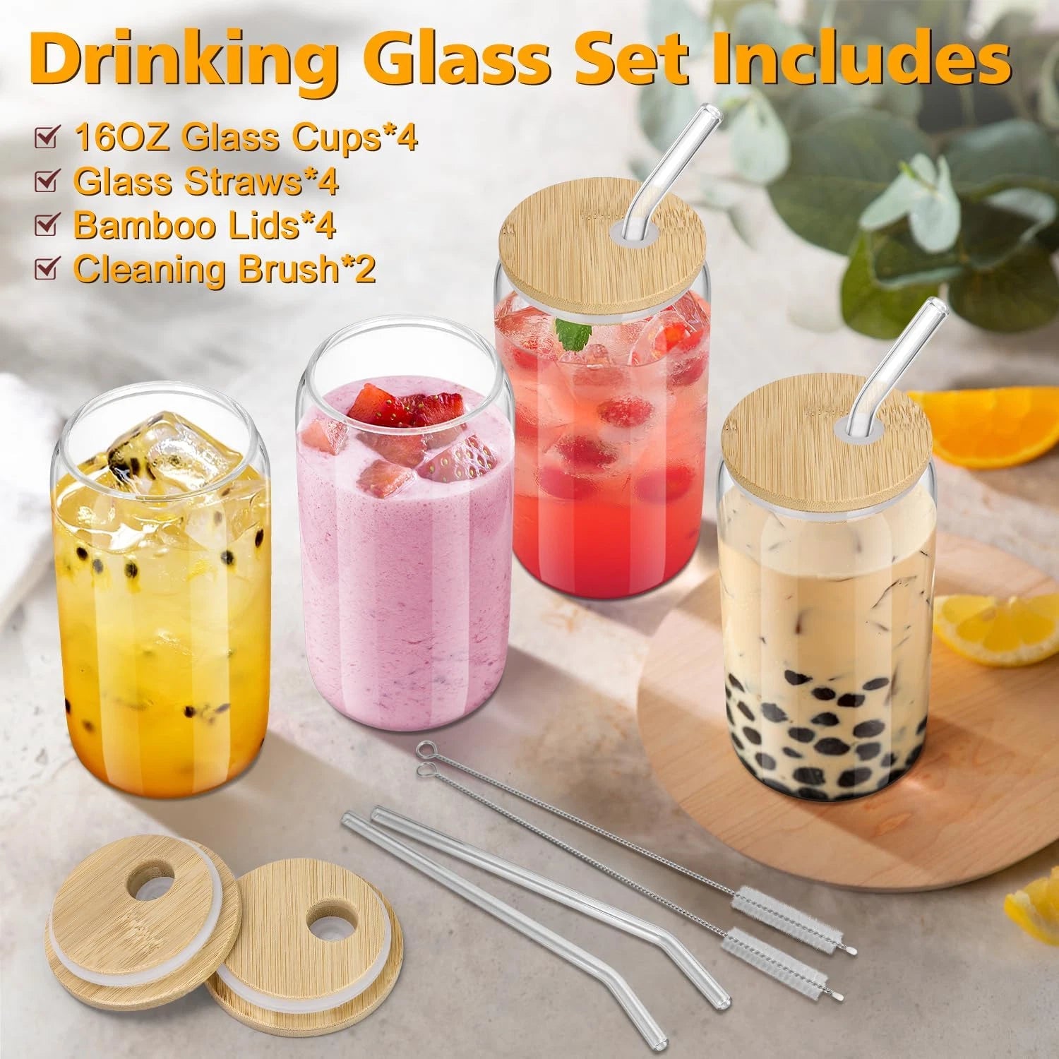 4PCS Glass Cups with Bamboo Lids and Straws, 16OZ Ice Coffee Cup, Drinking Cu... | eBay