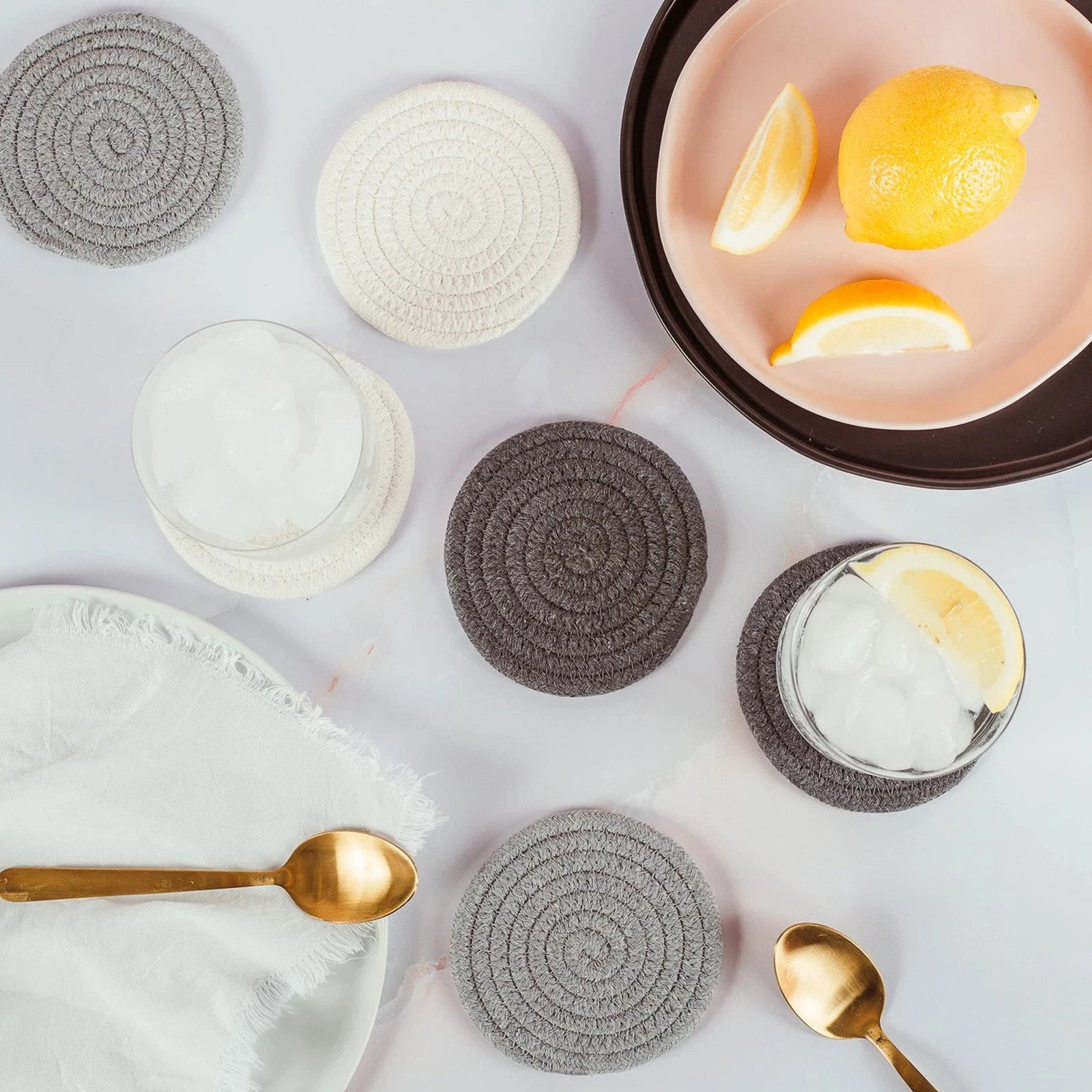 Set of 6 Gray Woven Coasters for Wooden Table 4.3"Cup for Drinks Absorbent Cute | eBay