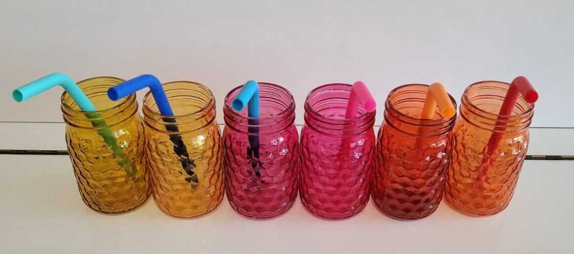 6 GLASS MASON JARS WITH STRAWS AND LIDS AMBER PINK AND ORANGE 5 INCHES 14 OZS | eBay