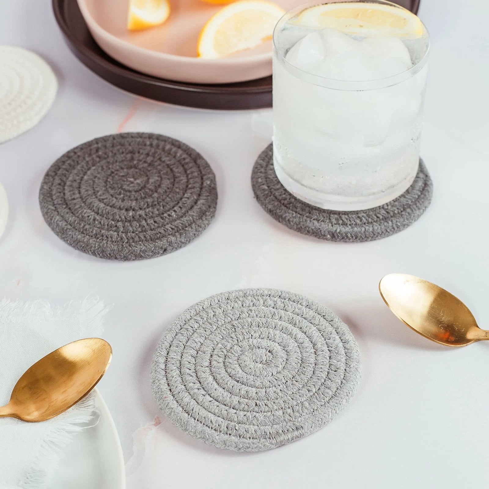 Set of 6 Gray Woven Coasters for Wooden Table 4.3"Cup for Drinks Absorbent Cute | eBay