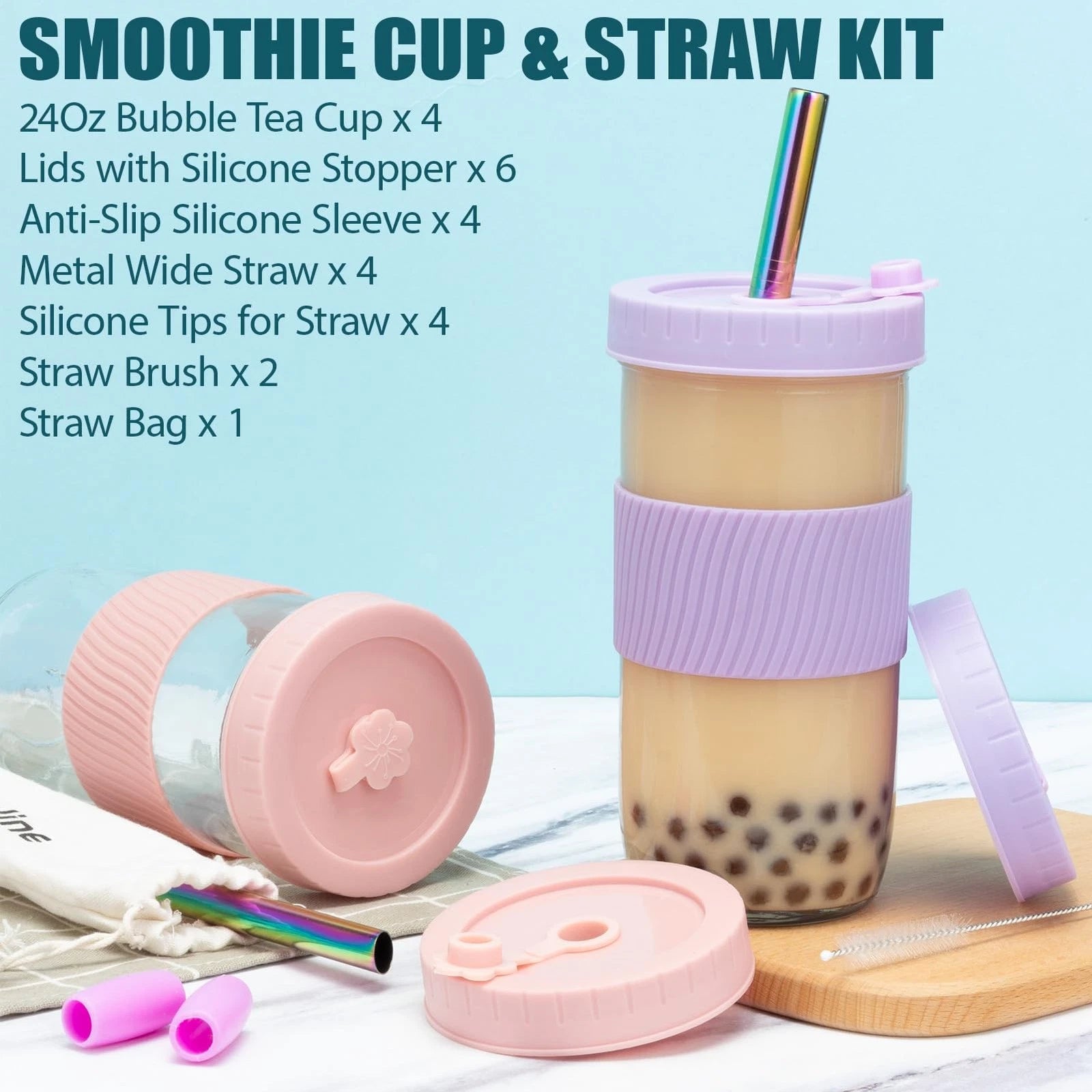 Reusable Glass Mason Jars Cups with Lids and Straws Silicone Sleeves, 4 Pack ... | eBay