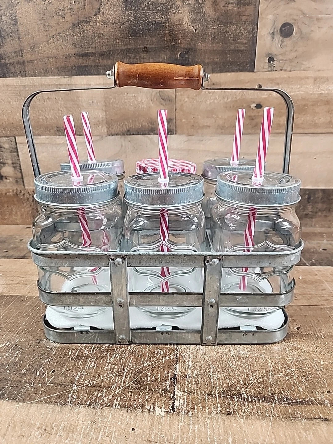 1924 Better Homes & Gardens 6 Ball Mason Jars, Lids, Straws, Galvanized Caddy | eBay