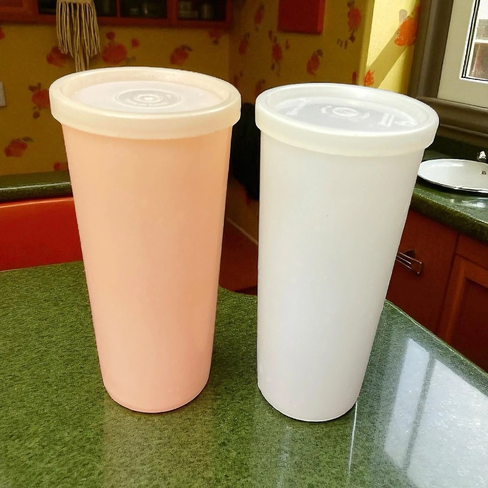 Vintage Tupperware Tumblers Peach White with Lid Seal 115 USA 12 oz VTG Lot of 2 | eBay
