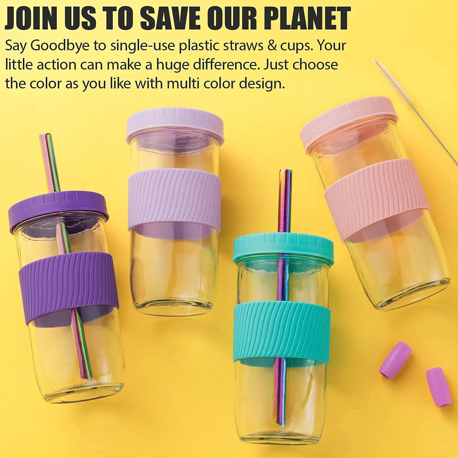 Reusable Glass Mason Jars Cups with Lids and Straws Silicone Sleeves, 4 Pack ... | eBay