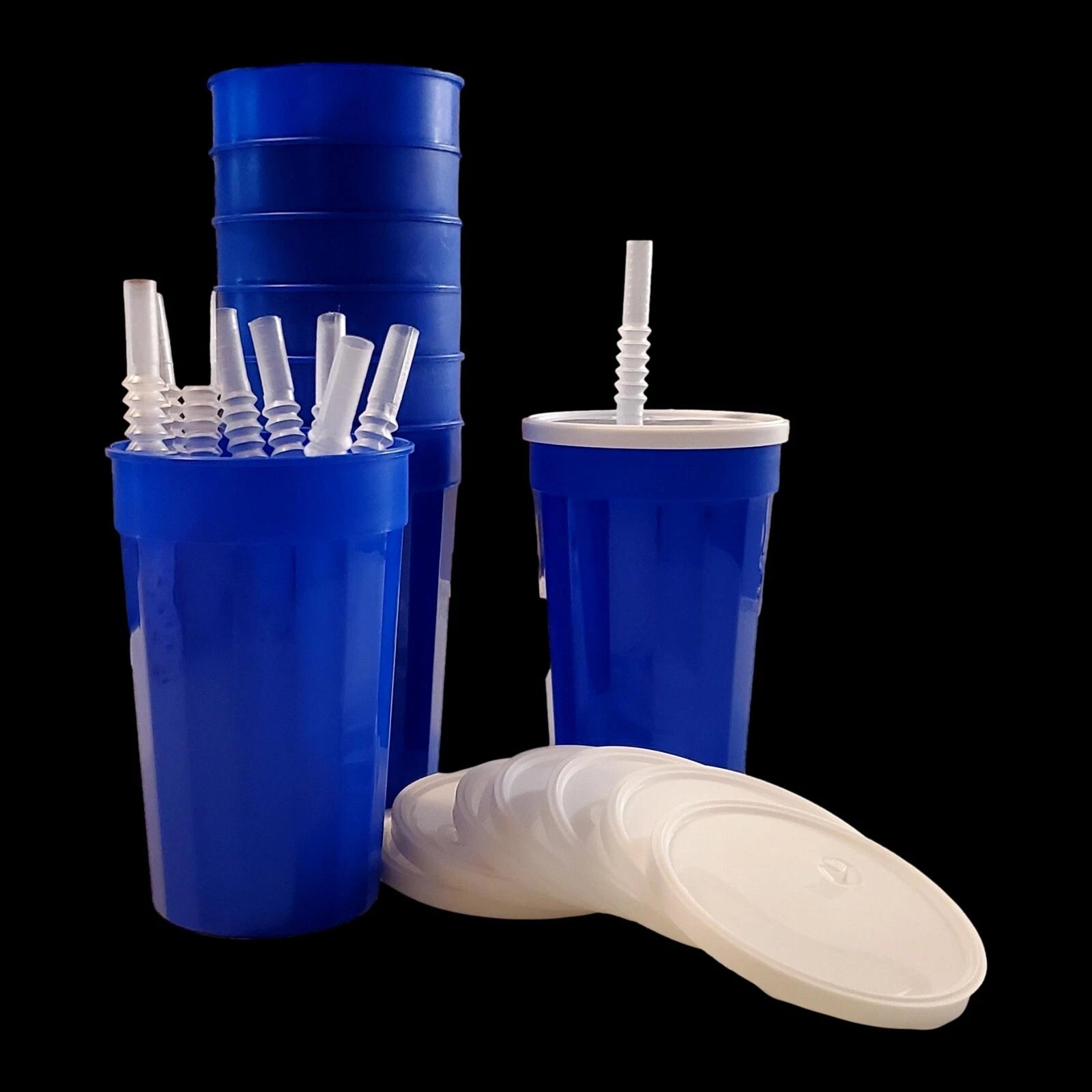 8 Medium Blue Fluted Tumblers White Lids Straws Made in America, holds 22 ounces | eBay