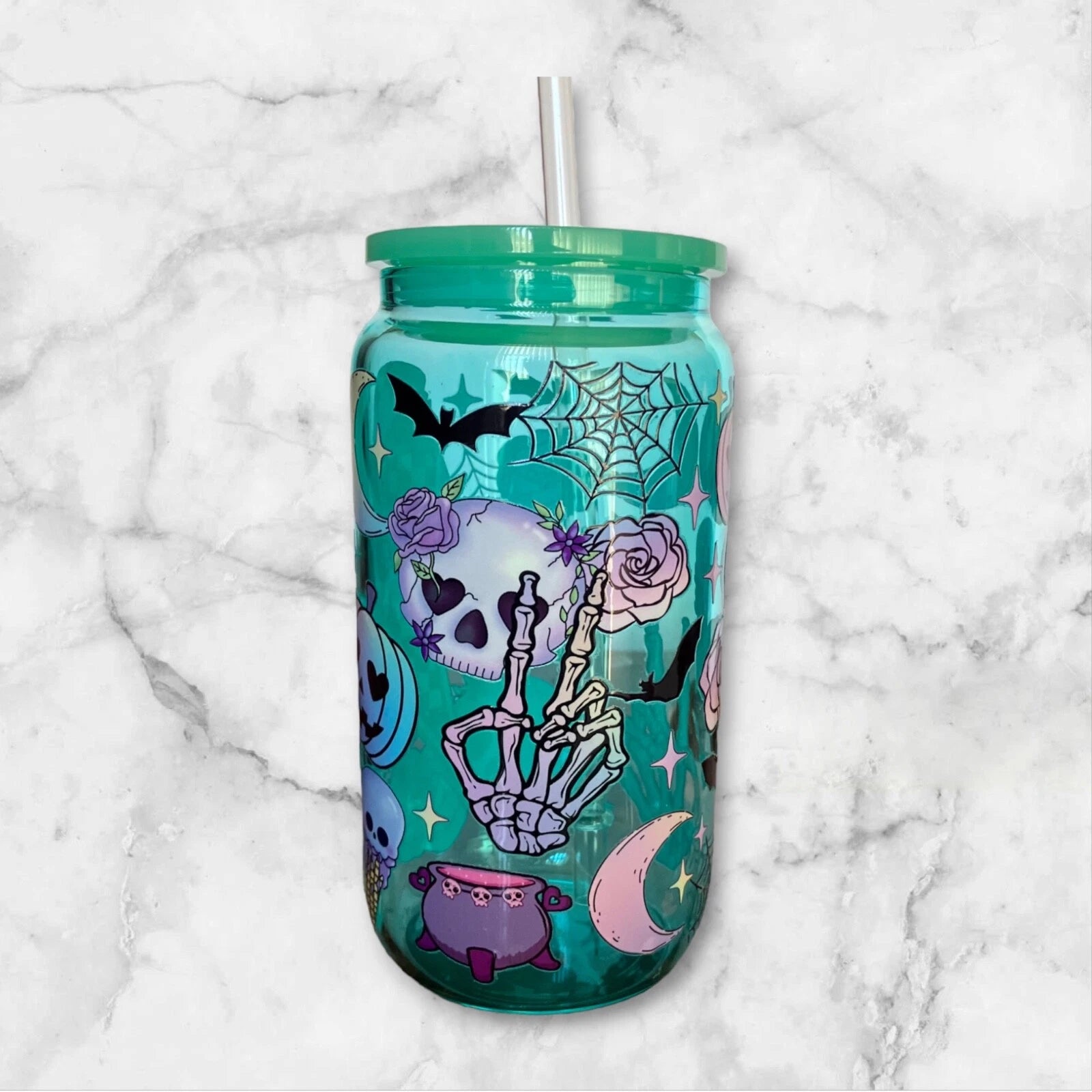 Pastel Halloween 16oz Green Glass Can Iced Coffee Smoothie Beer Cup, Plastic Lid | eBay
