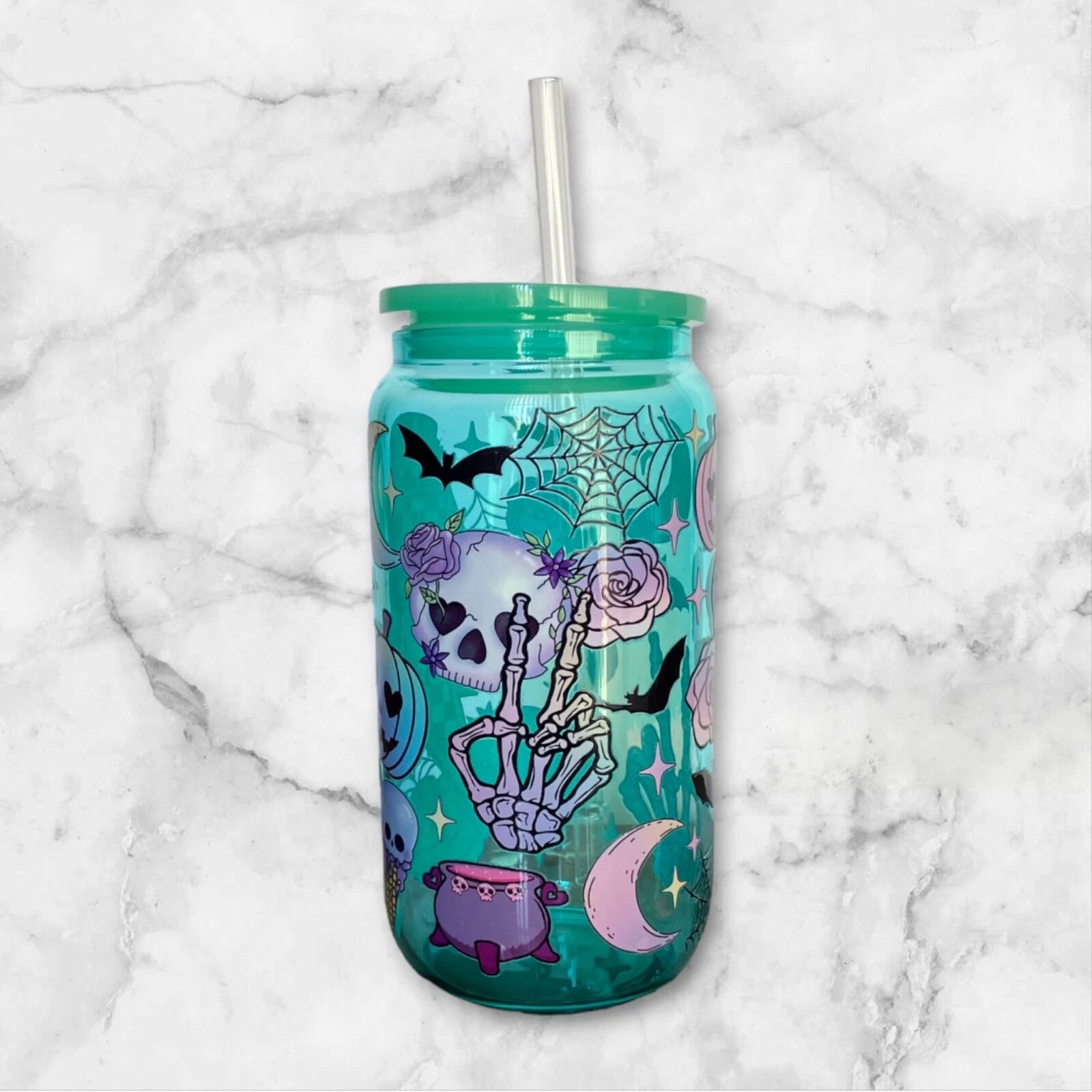 Pastel Halloween 16oz Green Glass Can Iced Coffee Smoothie Beer Cup, Plastic Lid | eBay