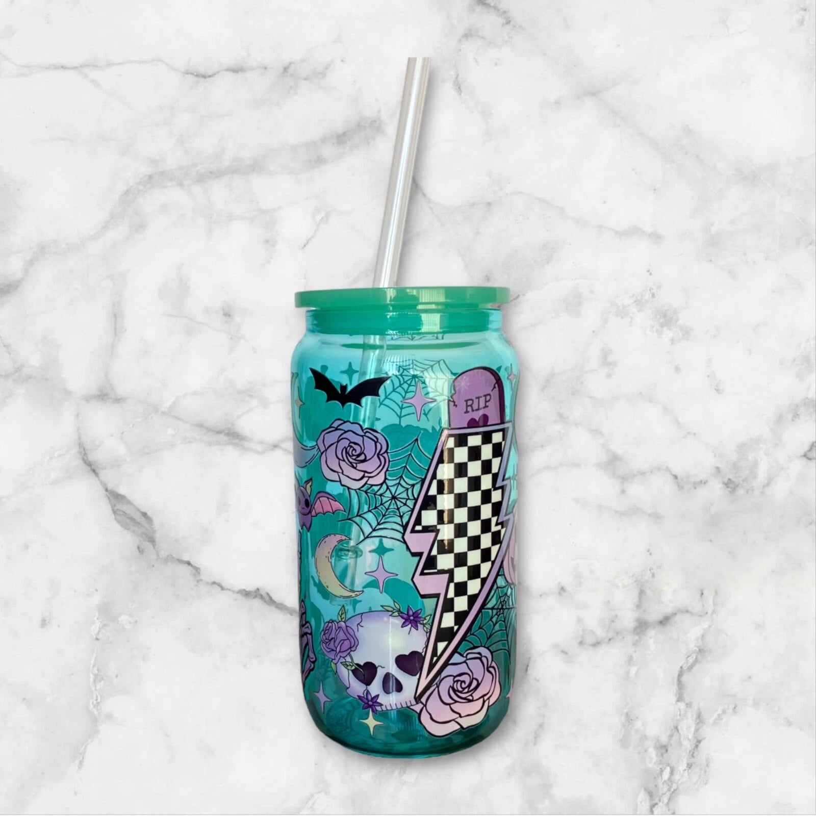 Pastel Halloween 16oz Green Glass Can Iced Coffee Smoothie Beer Cup, Plastic Lid | eBay