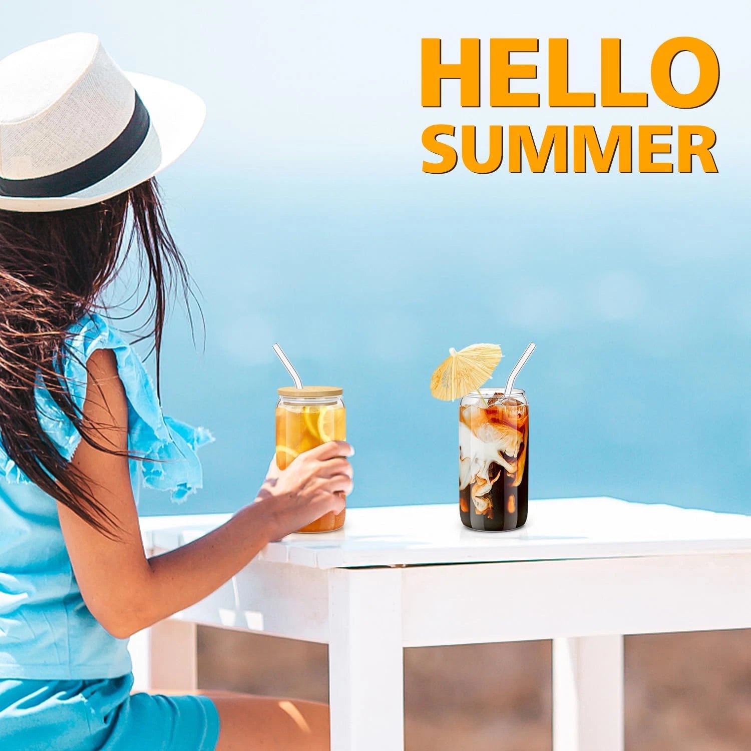 Sungwoo 4PCS Glass Cups with Bamboo Lids and Straws, 16OZ Ice Coffee Cup, Drinki | eBay