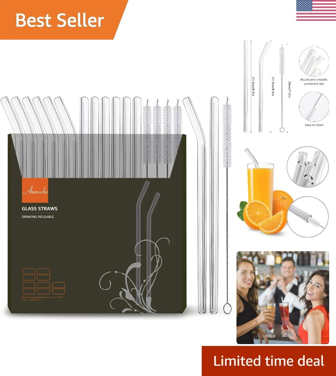 Set of 12 Reusable Glass Straws with Cleaning Brushes - Eco-Friendly Choice | eBay