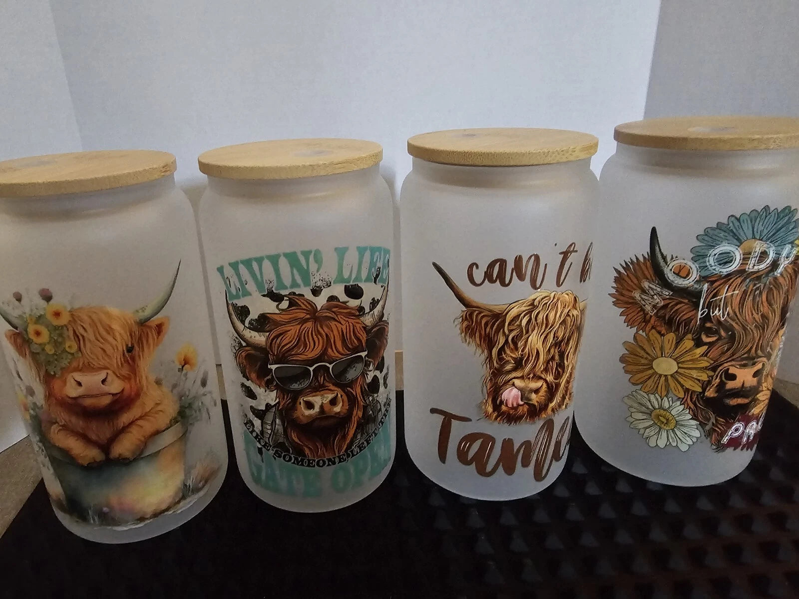 16 Ounce Glass Tumbler W!Bamboo Lid And Plastic Straw 4 Piece Set. Highland Cows | eBay