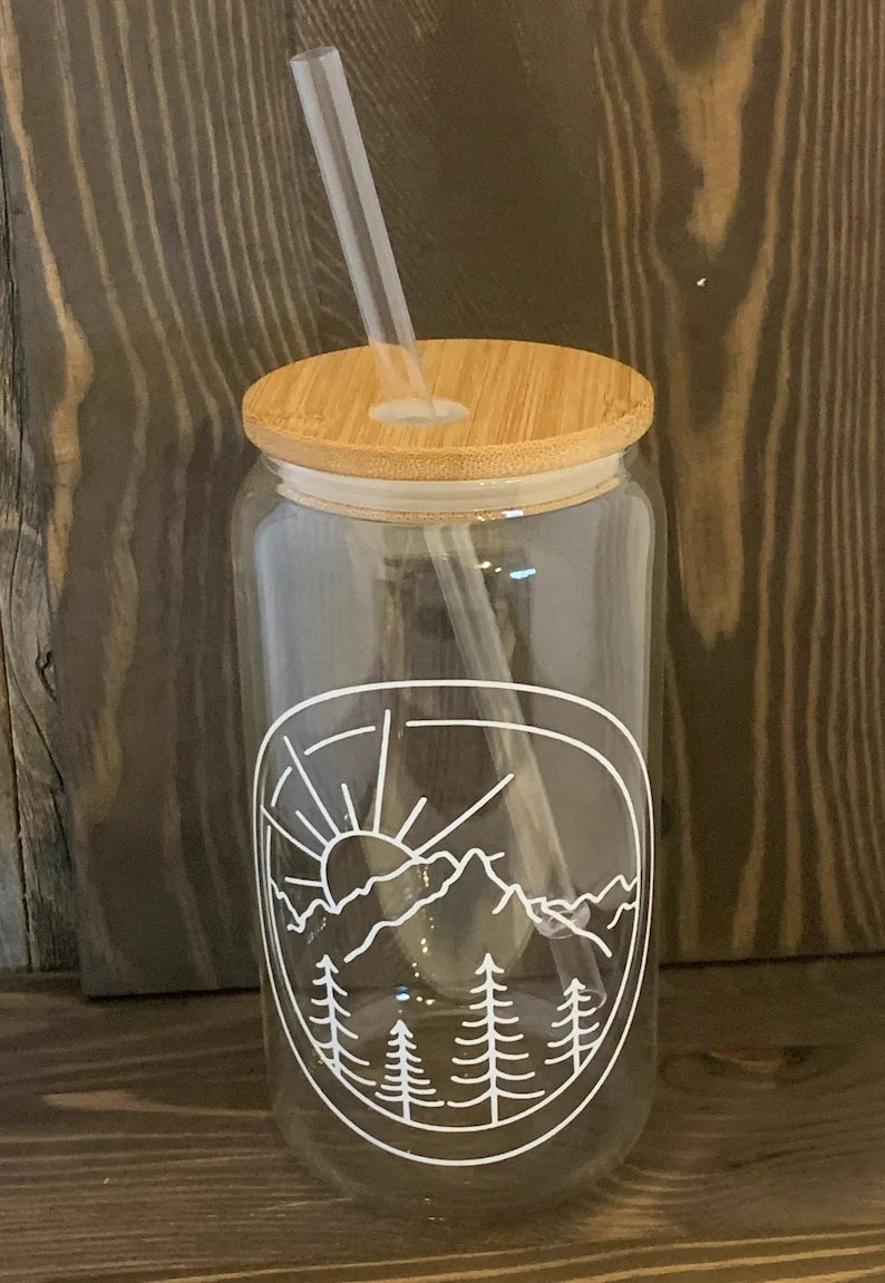 HMD Mountain Scene 16 oz Glass Can Tumbler with Bamboo Lid and Straw. | eBay