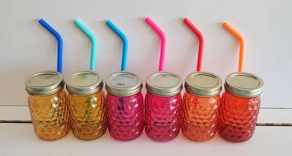 6 GLASS MASON JARS WITH STRAWS AND LIDS AMBER PINK AND ORANGE 5 INCHES 14 OZS | eBay