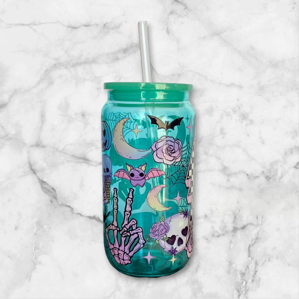 Pastel Halloween 16oz Green Glass Can Iced Coffee Smoothie Beer Cup, Plastic Lid | eBay