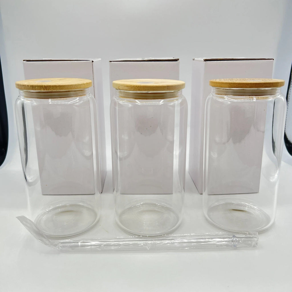 3 Pack 16 Oz Glass Tumbler Sublimation Glass Cup w/ Bamboo Lid And Straw | eBay