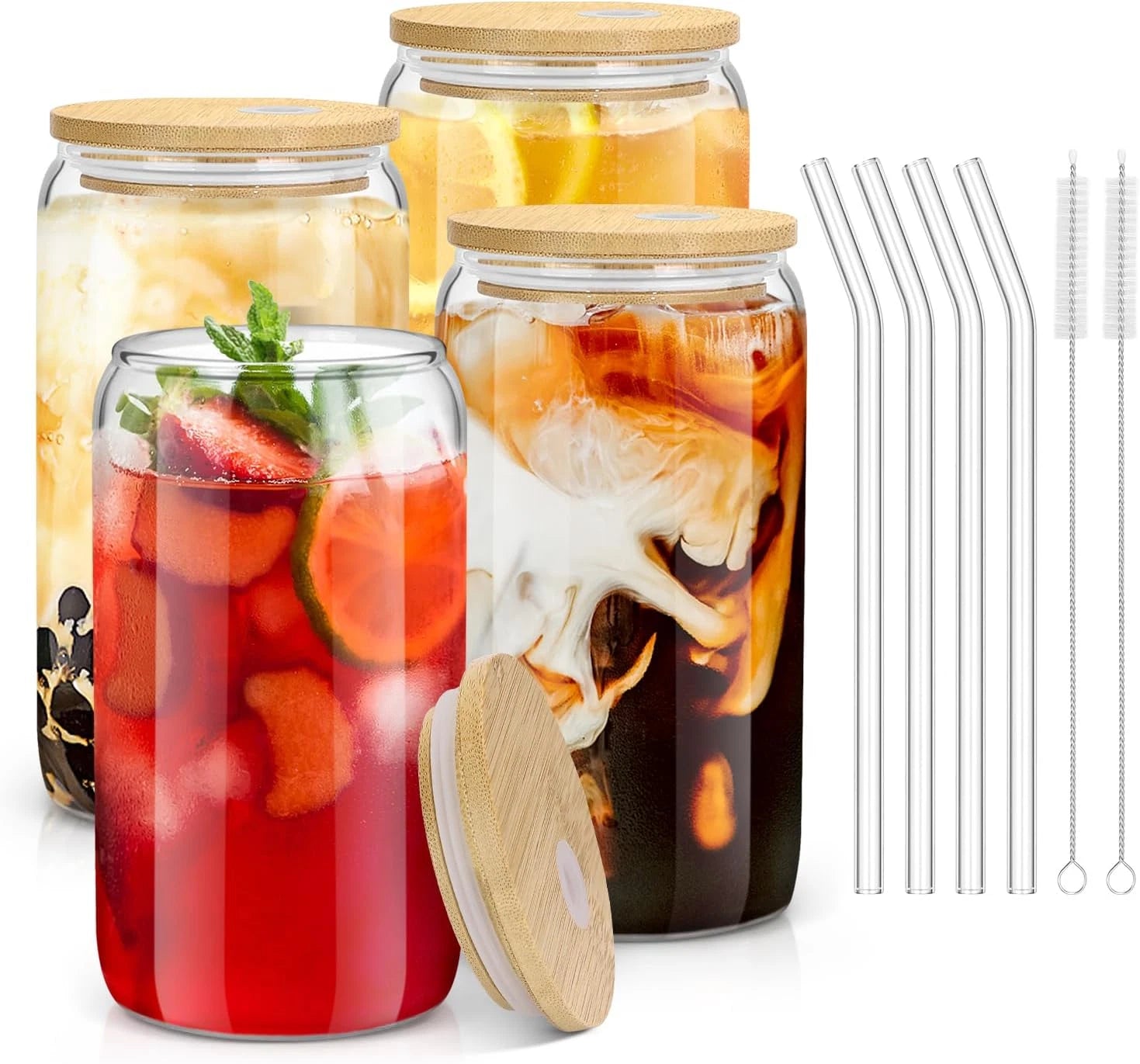 4PCS Glass Cups with Bamboo Lids and Straws, 16OZ Ice Coffee Cup, Drinking Cu... | eBay
