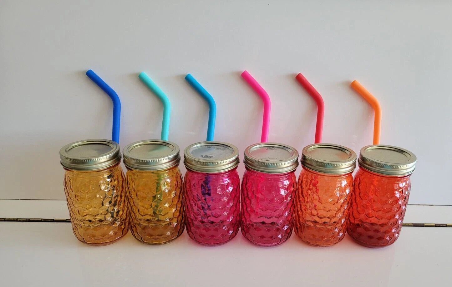 6 GLASS MASON JARS WITH STRAWS AND LIDS AMBER PINK AND ORANGE 5 INCHES 14 OZS | eBay