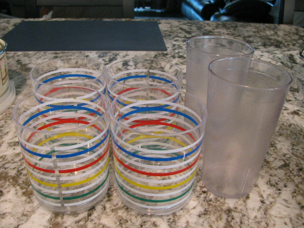 Vintage 6 Plastic Glasses-2 Carlisle Clear 12 oz, 4 HJ Stotter Tumblers w/stripp | eBay
