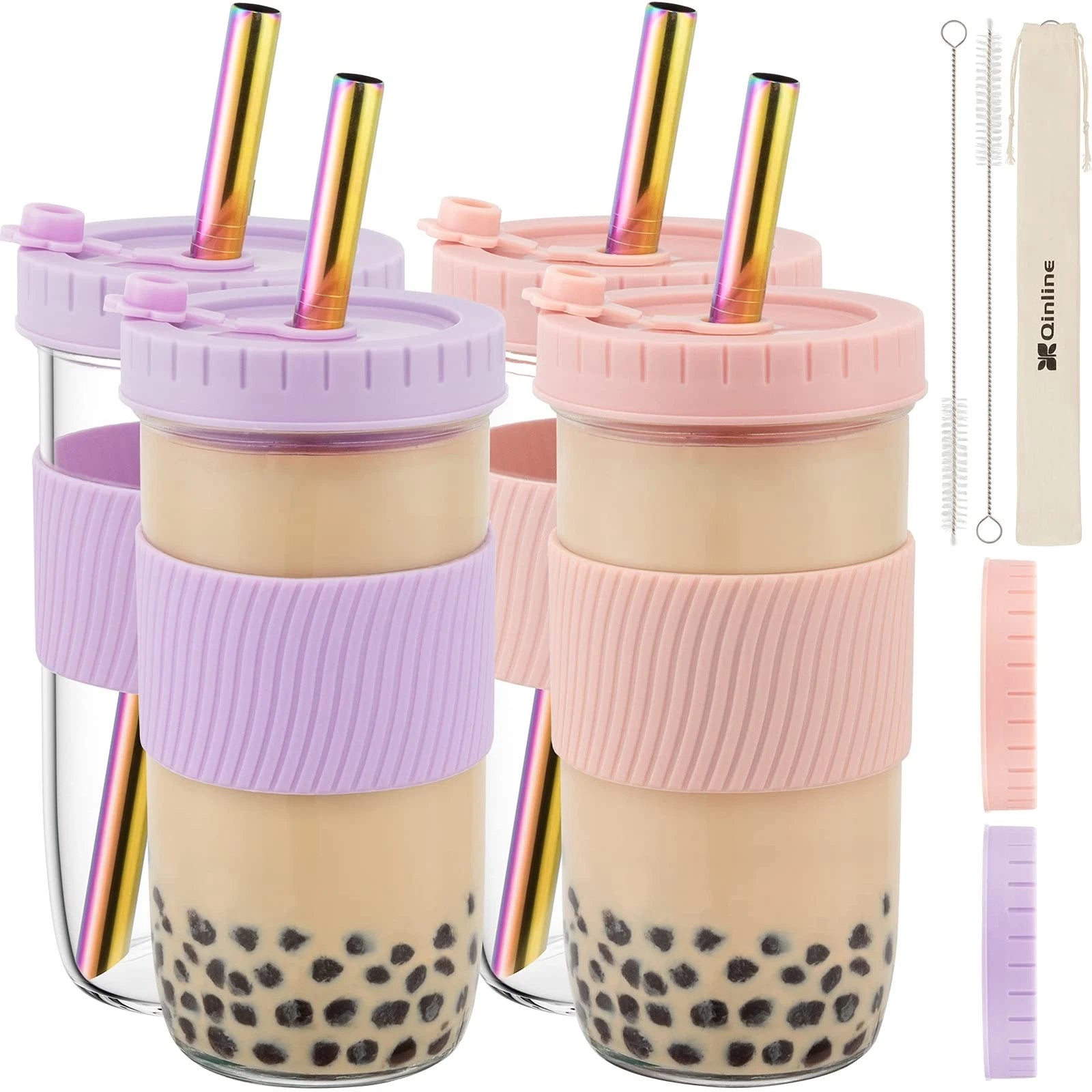 Reusable Glass Mason Jars Cups with Lids and Straws Silicone Sleeves, 4 Pack ... | eBay