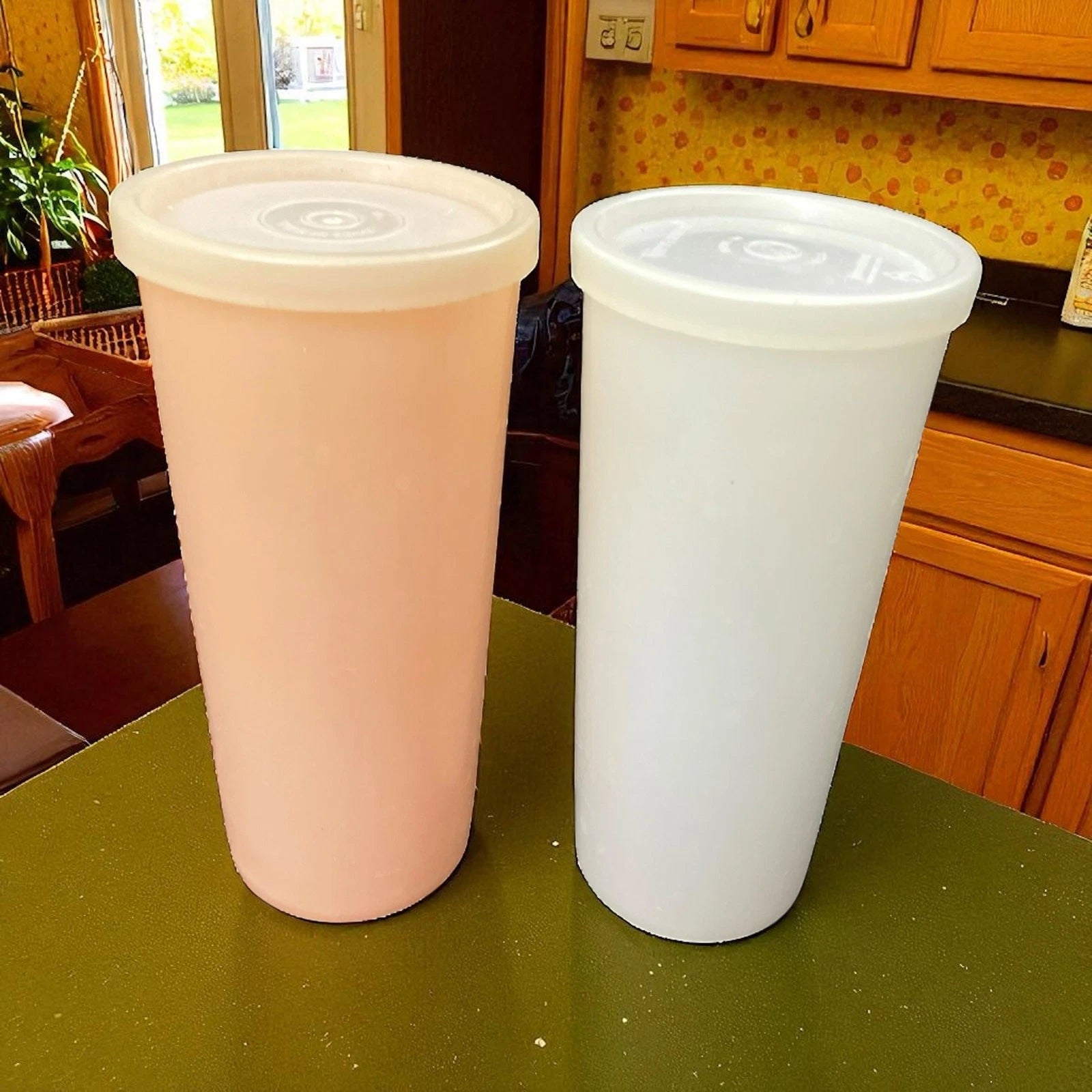 Vintage Tupperware Tumblers Peach White with Lid Seal 115 USA 12 oz VTG Lot of 2 | eBay