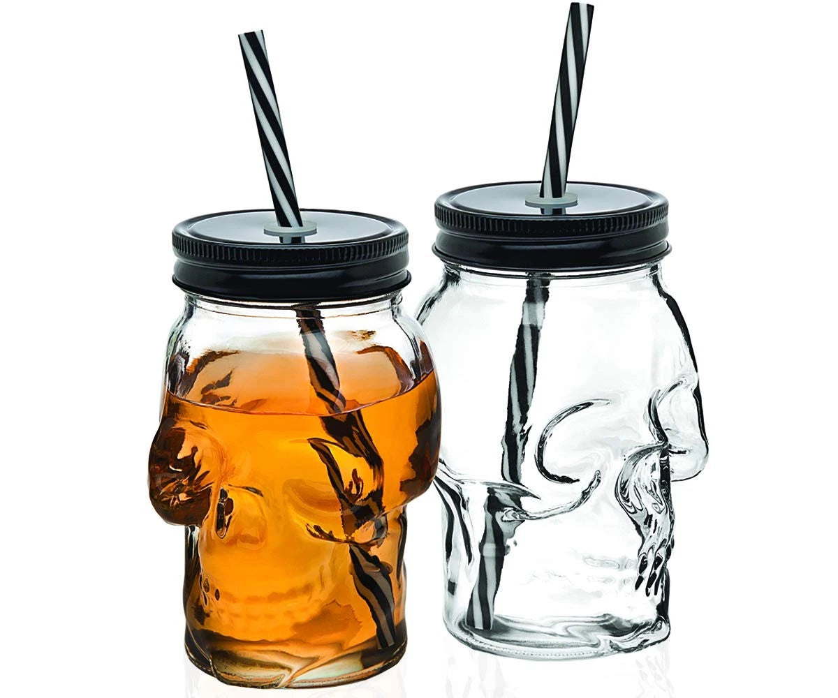 Skull Mason Jar Mug Glass Tumbler Cup with Cover and Straw - 16oz, Set of 2 | eBay