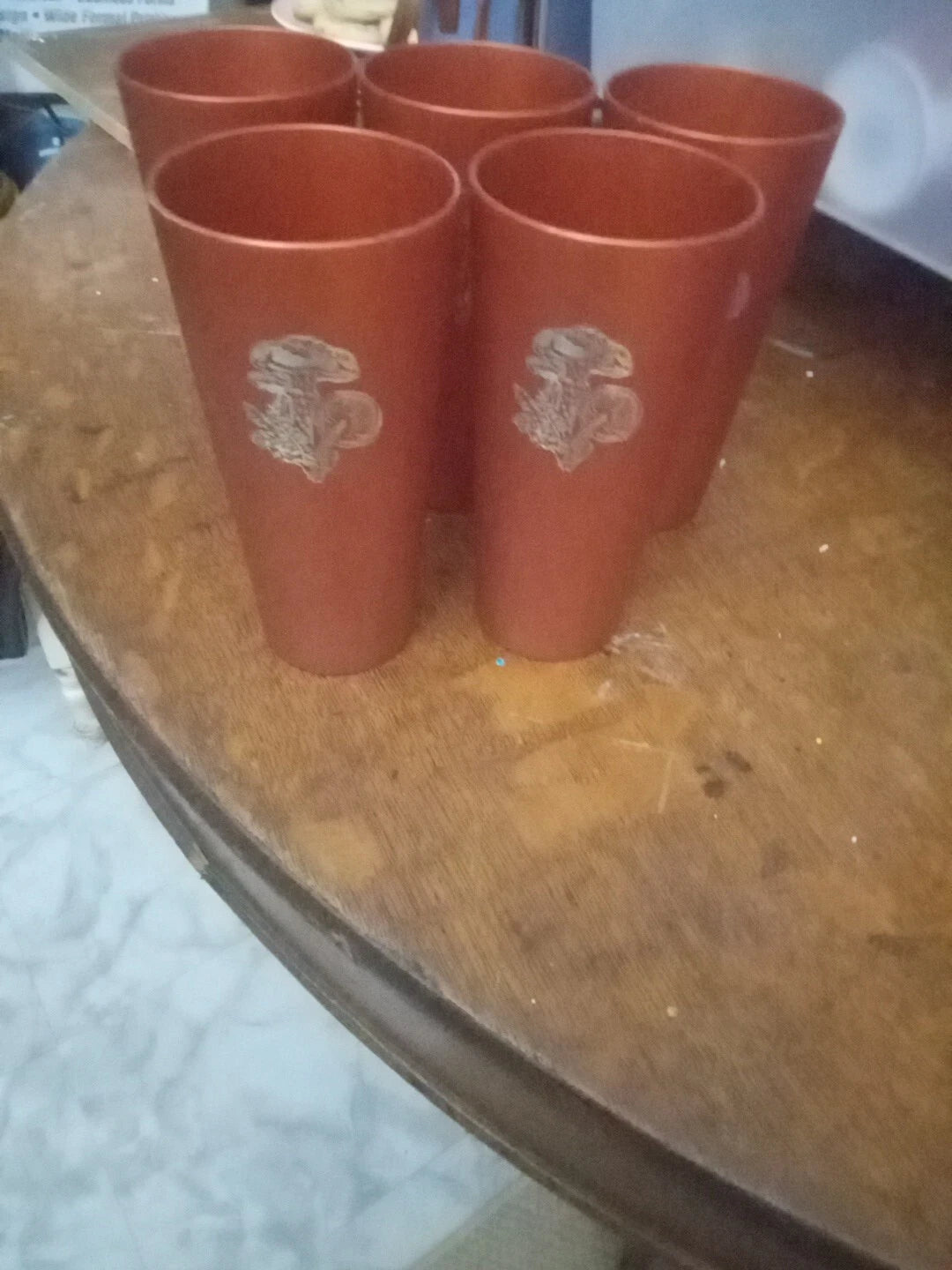 5 Vintage Nasco Copper Plastic Glasses with Retro Gold Mushroom Design 6" Tall B | eBay