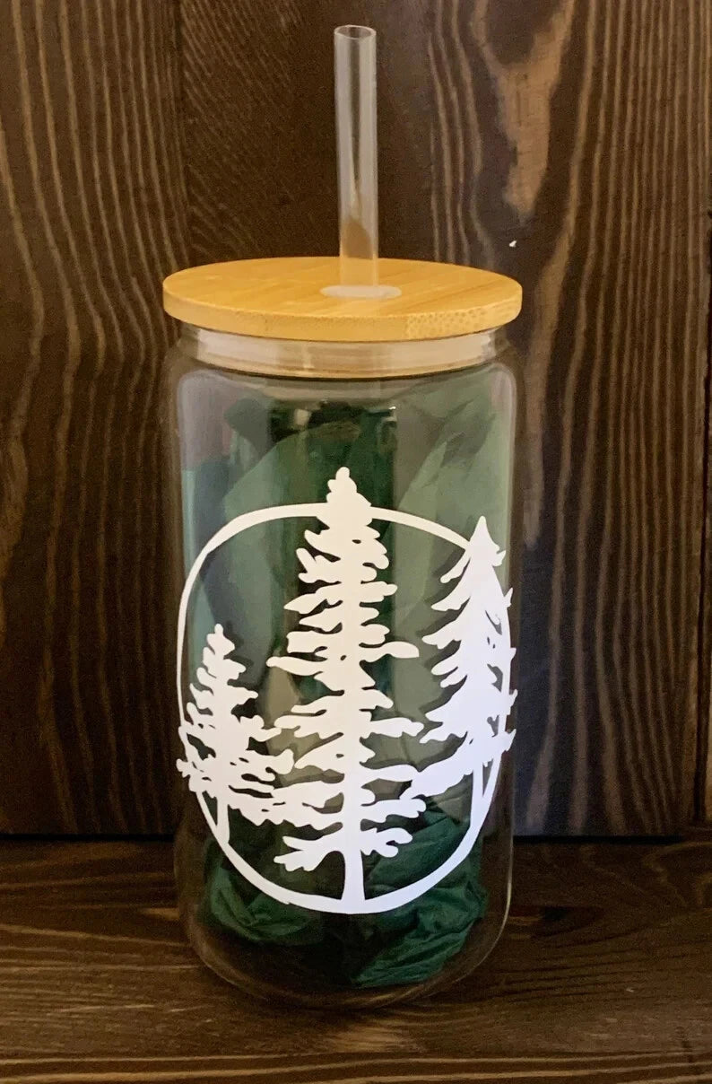 HMD Pine Tree Forest 16 oz Glass Can Tumbler with Bamboo Lid and Straw. | eBay